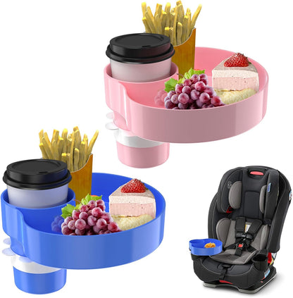[2 Packs] Kids Car Seat Tray, Travel Tray with Cup Holder for Toddler Baby, Kids Car Seat Food Snack Organizer for Road Trip, Stroller snack, travel must haves - Pink