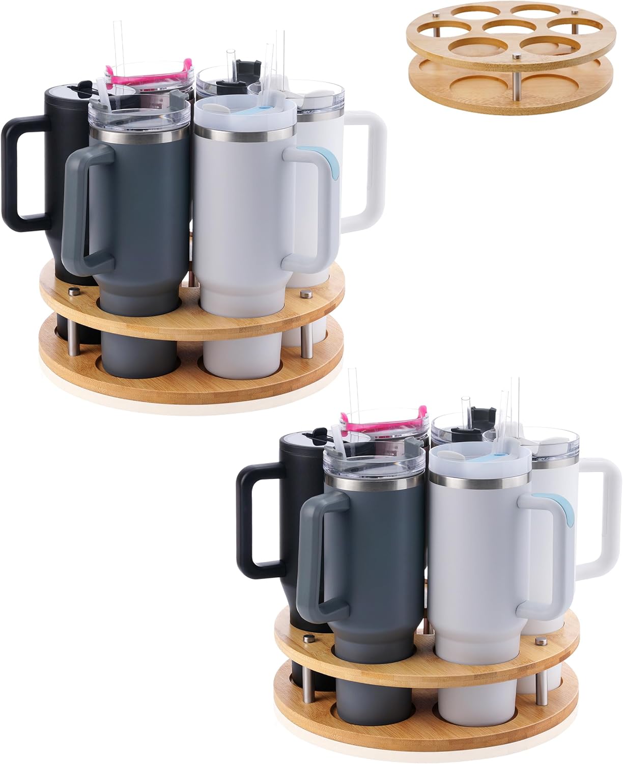 Rotating Wood Tumbler Organizer, 30 oz 40 oz Spinning Turnable Tumblers Holder, 360° Rotatable 7 Large Cups Bottle Tumbler Storage Display Stand, Rotate Syrup Organizer for Cabinet Countertop