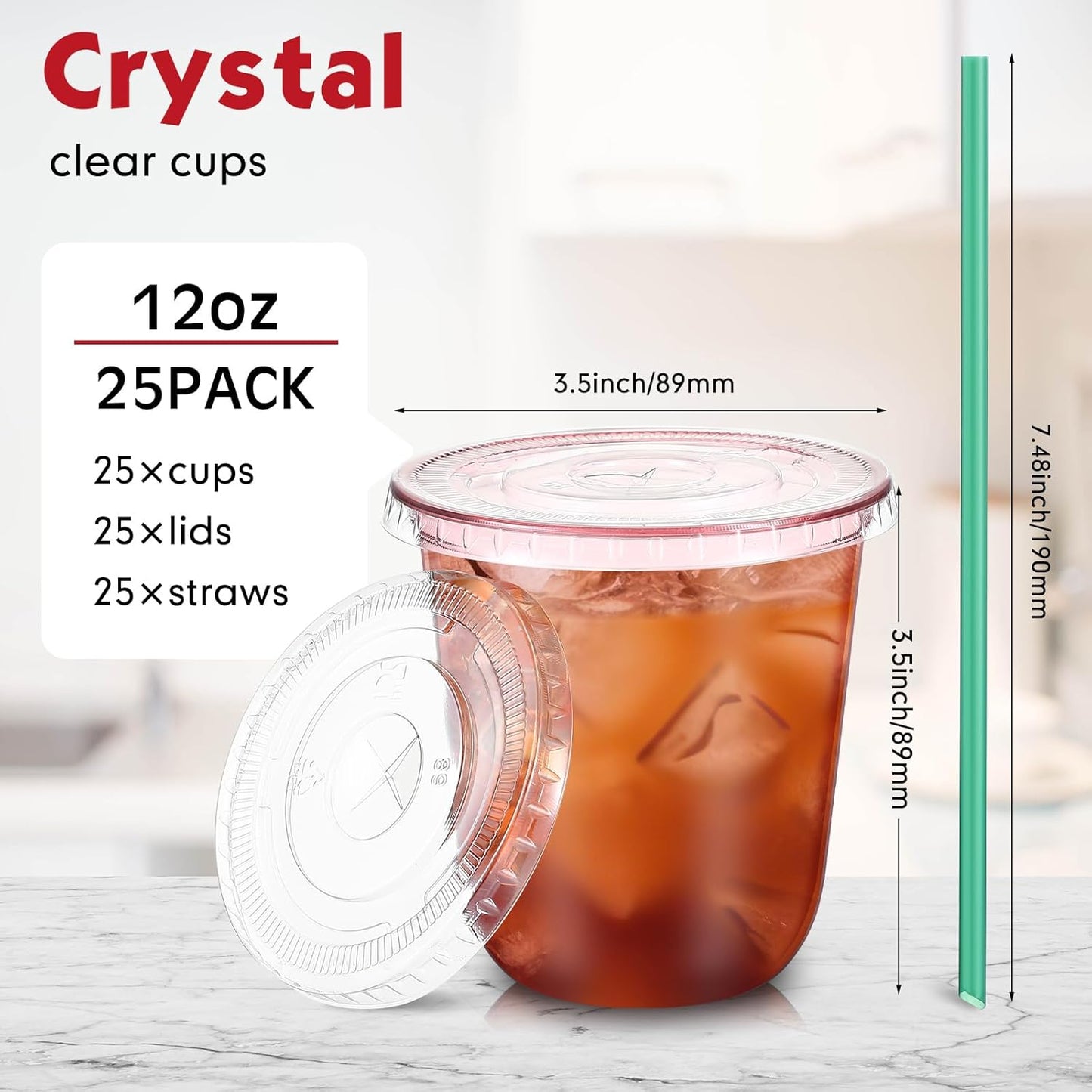 Baderke 25 Set Plastic Cups with Lids and Straws, Disposable Plastic Iced Coffee Cup for Cold Beverage Juice Smoothie Crystal for Coffee Shops Party Catering(Clear,16 oz)