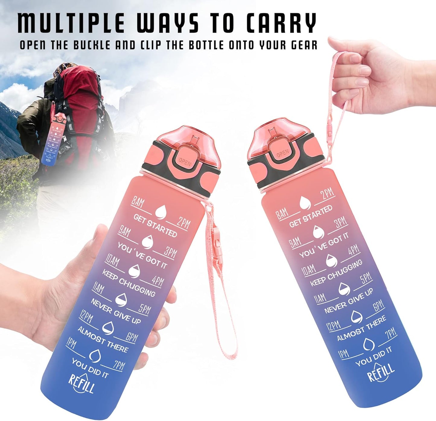 Enerbone 32 oz Drinking Water Bottle with Times to Drink and Straw, Motivational with Carrying Strap, Leakproof BPA & Toxic Free, Ensure You Drink Enough Water for Fitness Gym Outdoor