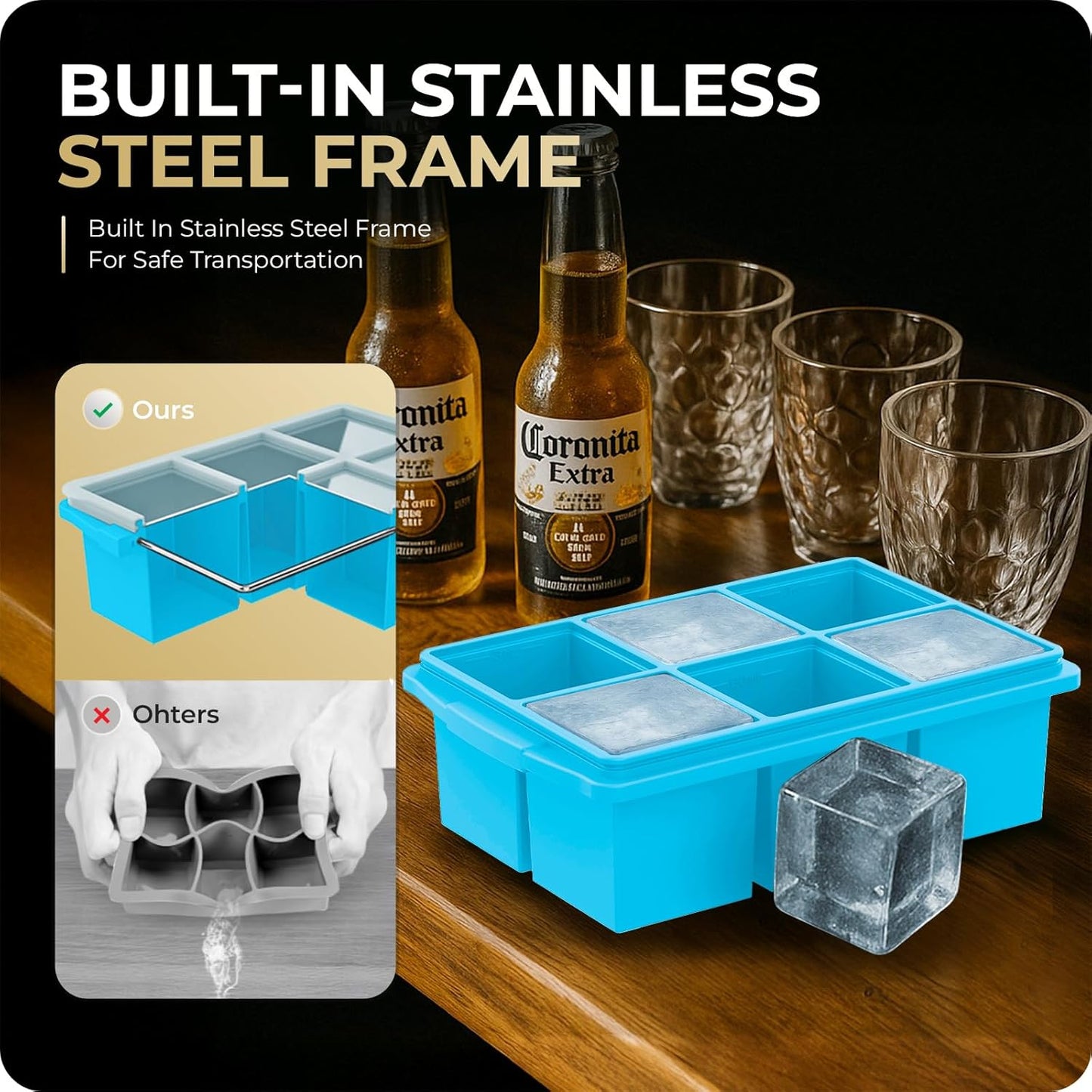 Large Ice Cube Trays for Whiskey, Silicone Ice Cube Tray, with Reinforced Steel Ring Top, Makes 12 perfect 2-in ice cubes, Square Ice Tray for Cocktails, Whiskey, Coffee. (2 Pack)