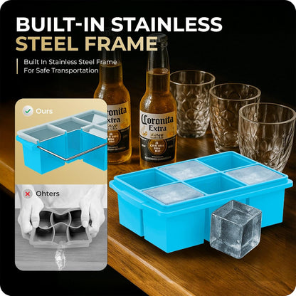 Large Ice Cube Trays for Whiskey, Silicone Ice Cube Tray, with Reinforced Steel Ring Top, Makes 12 perfect 2-in ice cubes, Square Ice Tray for Cocktails, Whiskey, Coffee. (2 Pack)