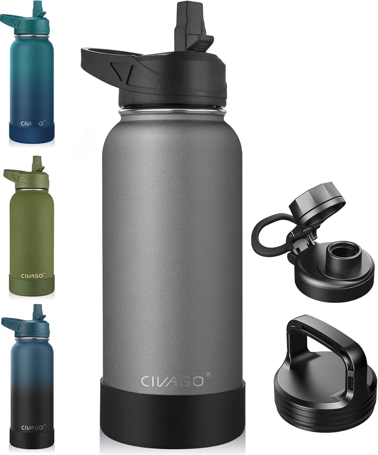 CIVAGO 32 oz Insulated Water Bottle With Straw, Stainless Steel Sports Water Cup Flask with 3 Lids (Straw, Spout and Handle Lid), Wide Mouth Travel Thermal Mug, Black