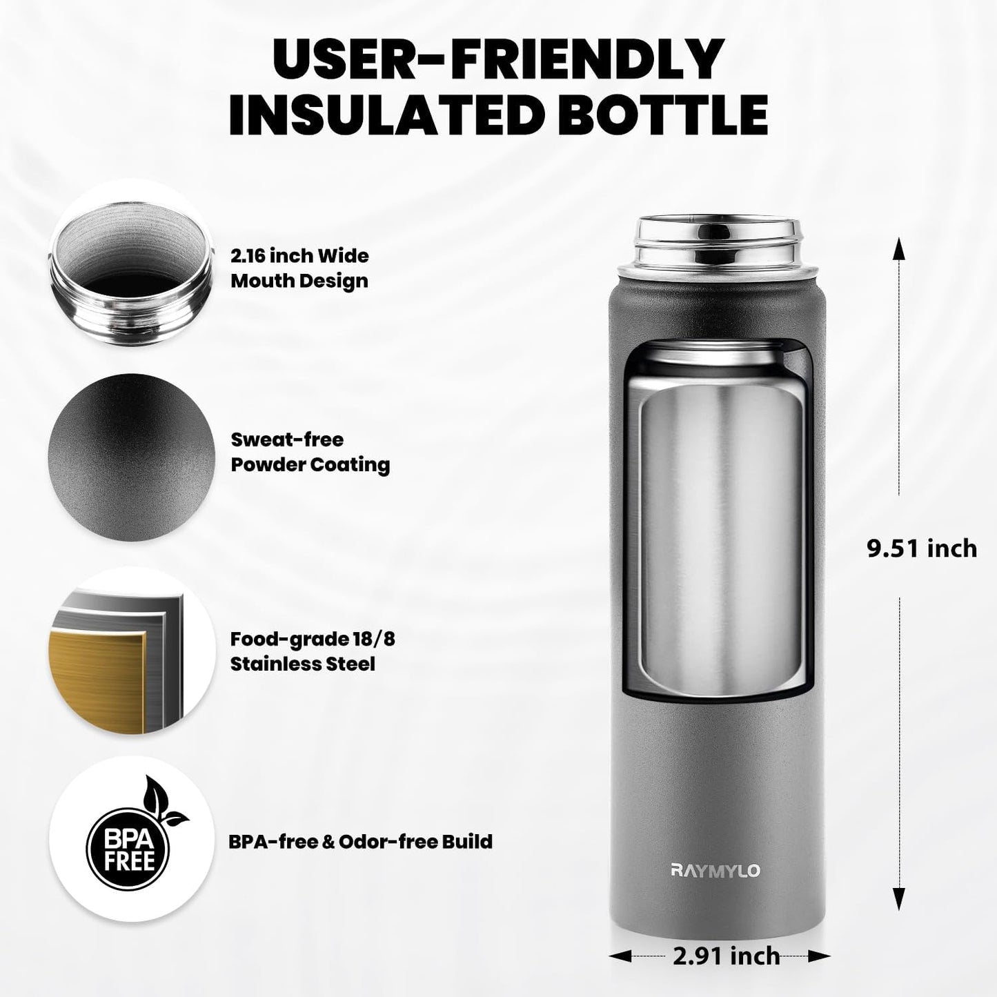 RAYMYLO One Gallon Water Bottle Insulated, Triple Walled Vacuum Stainless Steel (Cold for 48 Hrs), Leak Proof & Non-BPA, Large Water Flask Jug with Paracord Handle & Straw Spout Lids