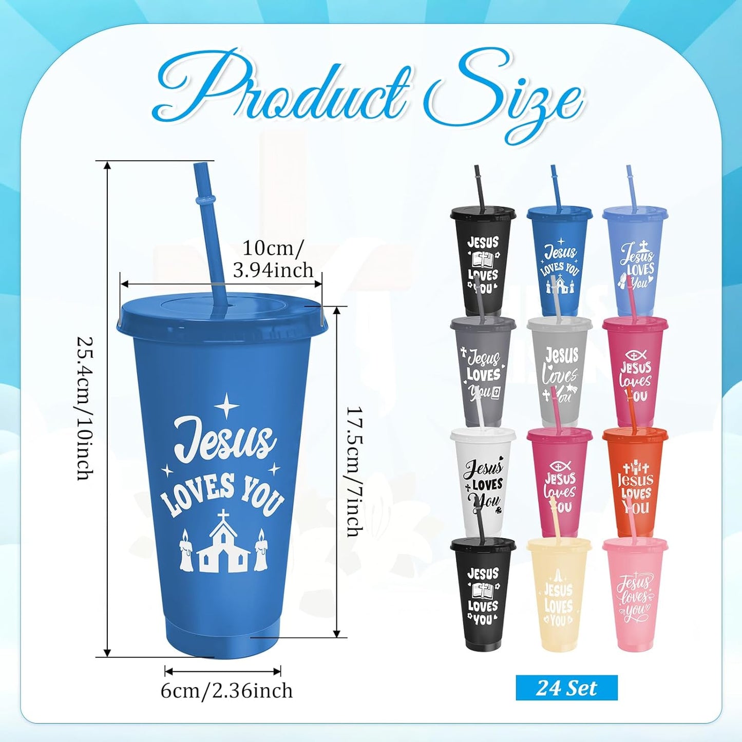 Cinrobiye 24 Pcs Jesus Loves You Tumblers Bulk, 24 oz Christian Plastic Cups with Lids and Straws, Reusable Religious Gift Cups for VBS, Sunday School, Church Events, Bible Study Party Favors