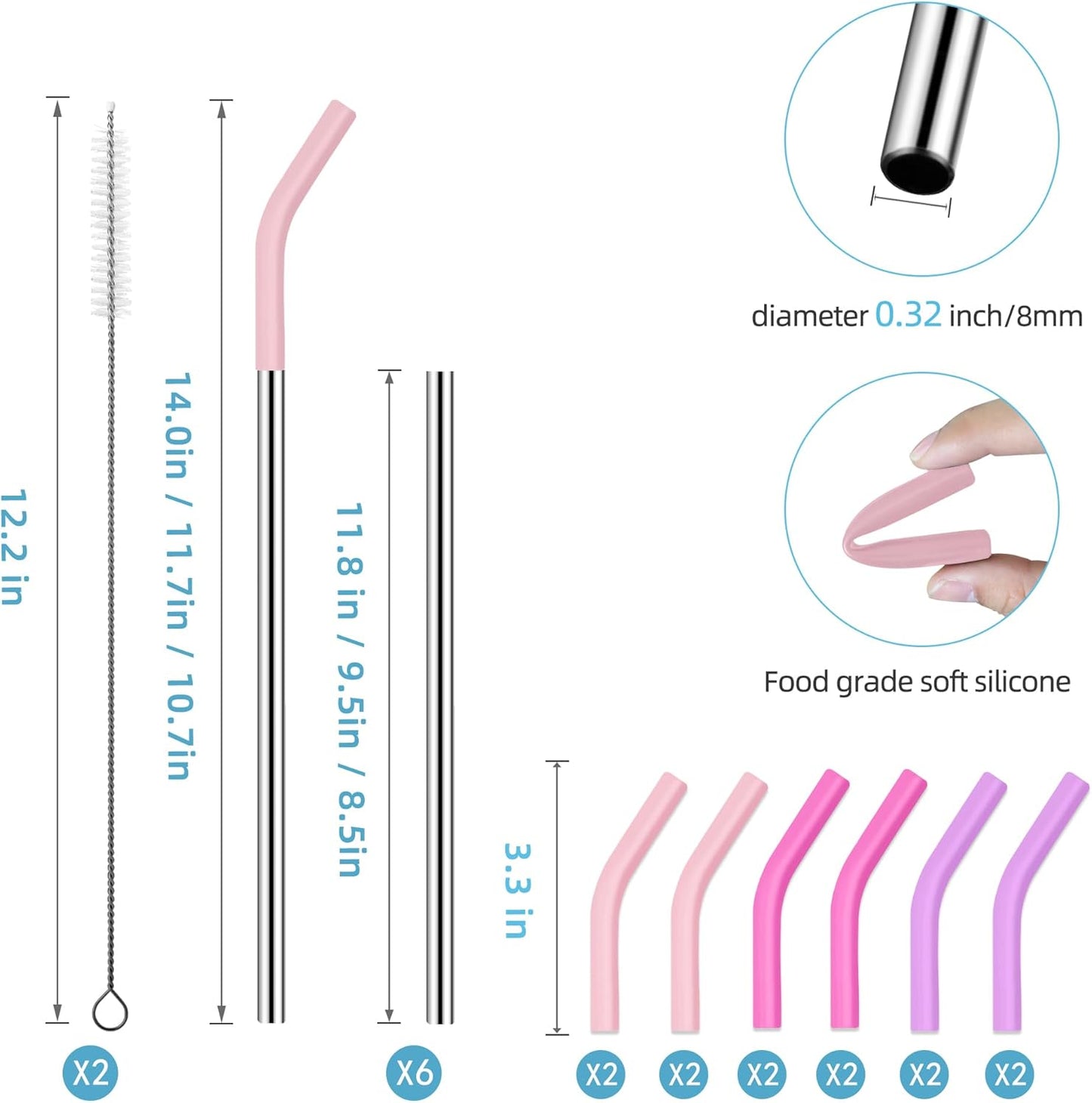 40 oz Stainless Metal Straws for 40 oz Stanley Tumbler, 6Pcs Reusable Straight Long Steel Straws with 12 Silicone Tips and 2 Straw Cleaning Brushes (6Color1, 40oz)