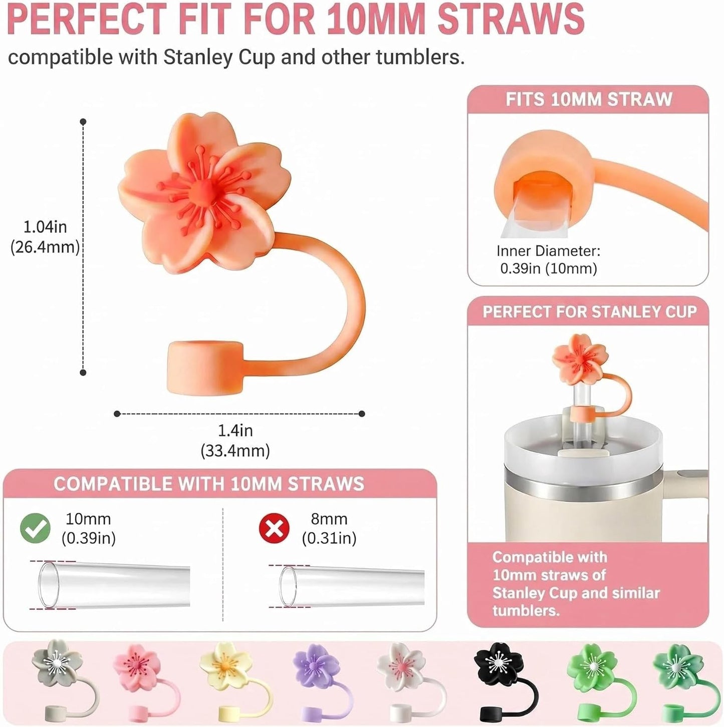 BTYHAOS Silicone Straw Caps for 10mm Tumblers | Reusable Dust-Proof Straw Toppers Compatible with Stanley 30oz & 40oz Tumblers (Purple Flower 3pc)