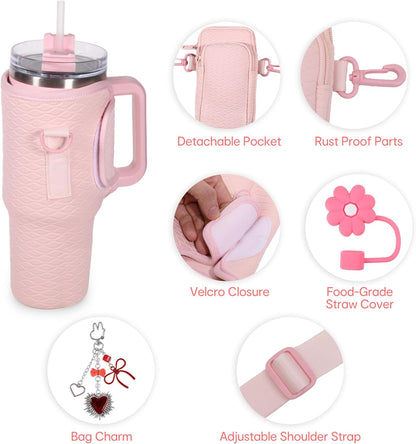&And Per Se Water Bottle Shoulder Bag with Phone Pocket, Compatible with Stanley 30oz Tumblers - Neoprene Carrier with Adjustable Strap & Charm Accessory (Black)