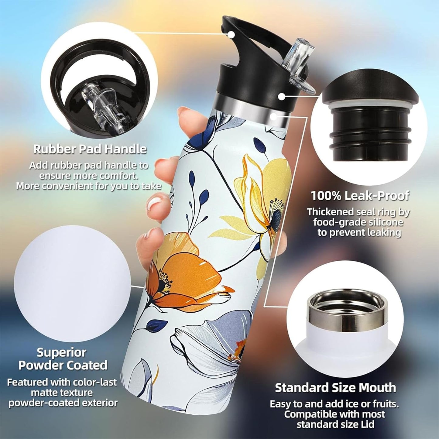 Pickleball Sport Water Bottle with Straw, Vacuum Insulated Stainless Steel Thermal Drinking Travel Mug Cups For Gym Fitness Camping-20oz/600ml