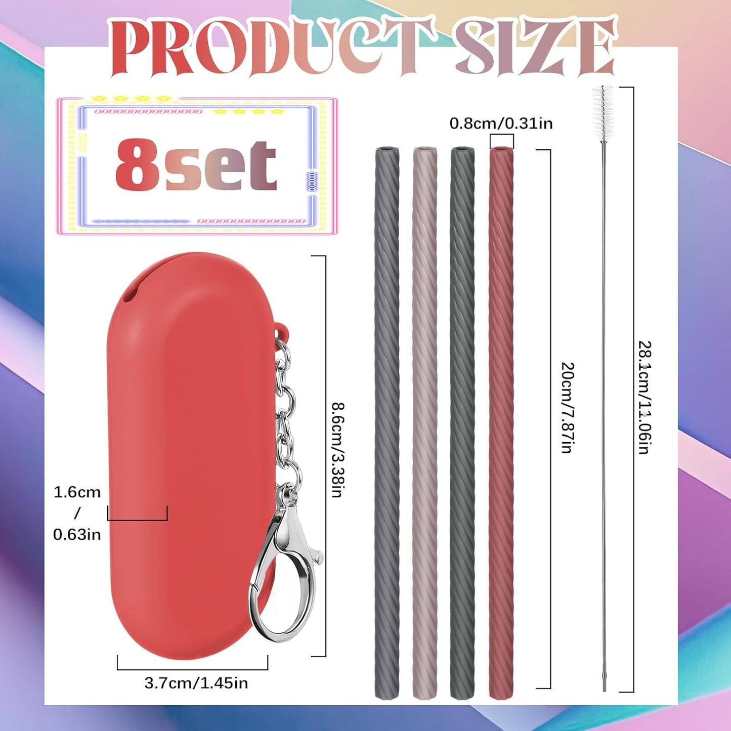 Meanplan 8 Set Cruise Ship Essentials,Silicone Straws with Case Reusable Foldable Portable Drinking Straw for Party Travel Cold or Hot with Carry Case and Cleaning Brushes (Rainbow Colors)