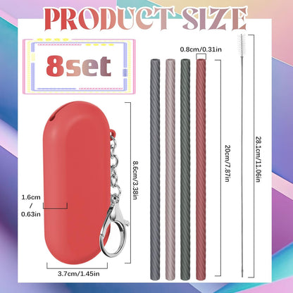 Meanplan 8 Set Cruise Ship Essentials,Silicone Straws with Case Reusable Foldable Portable Drinking Straw for Party Travel Cold or Hot with Carry Case and Cleaning Brushes (Rainbow Colors)