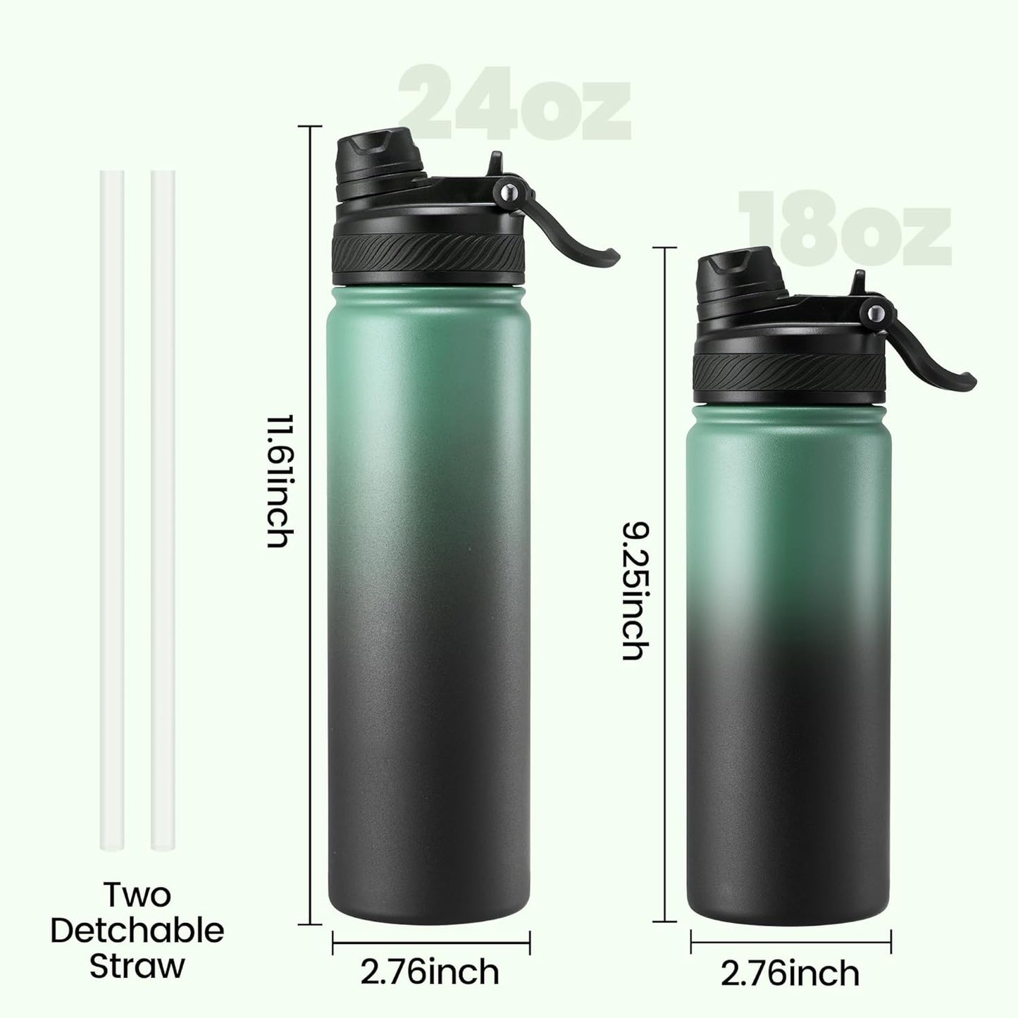 Fijinhom 18 oz Insulated Water Bottle, 2-in-1 Straw and Spout Lid Stainless Steel Thermos, Leak-Proof, Double Wall Vacuum Flask, Keep Cold 24H for Outdoor, Sports, Travel, School (Black)