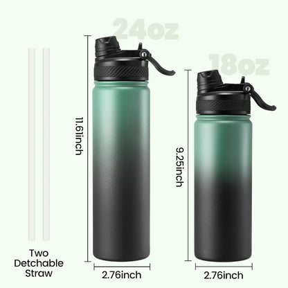 Fijinhom 18 oz Insulated Water Bottle, 2-in-1 Straw and Spout Lid Stainless Steel Thermos, Leak-Proof, Double Wall Vacuum Flask, Keep Cold 24H for Outdoor, Sports, Travel, School (Black)