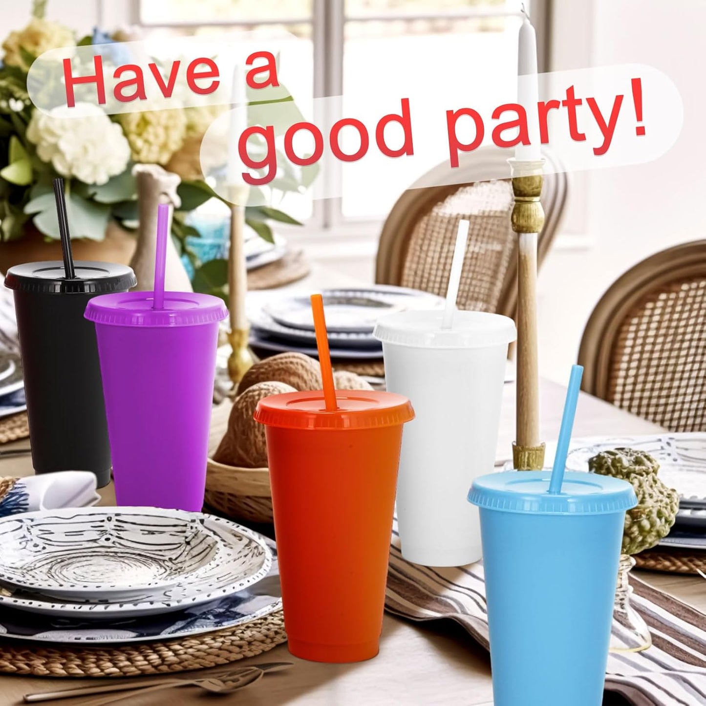 Honeydak 15 Pack Tumbler with Straw and Lid Bulk Cups for Gifts Water Bottle Iced Coffee Travel Mug Cup Reusable Plastic Tumblers for Party Birthdays 24-27 oz (Solid Color)