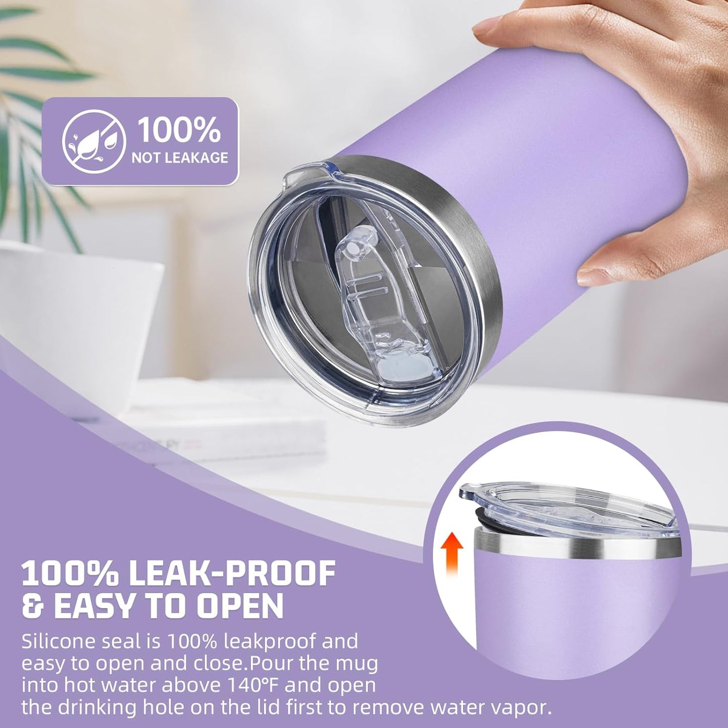 20 oz Tumbler with Lids and Straws, Stainless Steel Insulated Travel Coffee Mug, Double Wall Vacuum Insulated Tumblers, Powder Coated Coffee Tumbler for Cold & Hot Drinks (Light Purple)