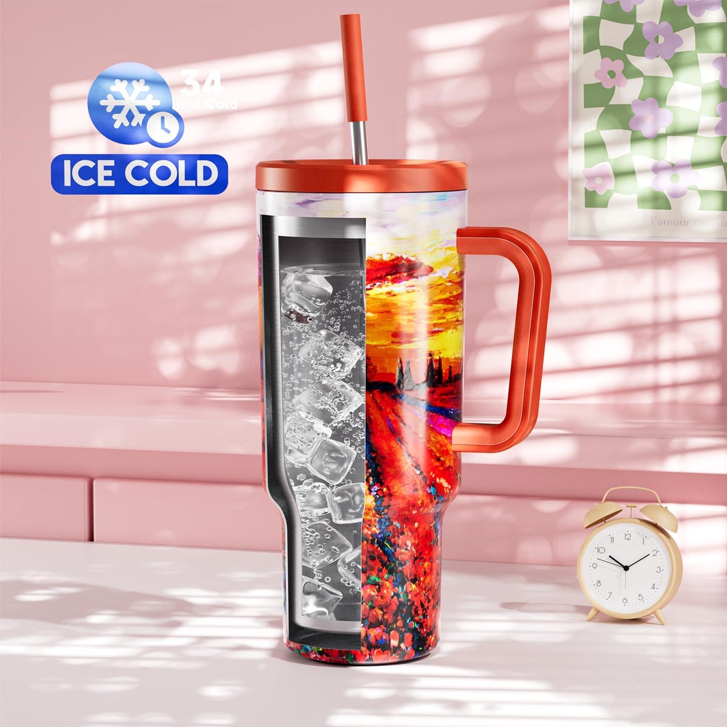 Meoky 40 oz Tumbler with Handle and Straw: Stainless Steel Insulated Tumbler with Lid and Straw - 100% Leak Proof Tumbler for Car Cup Holders - Travelers Commuters Workers, Pink