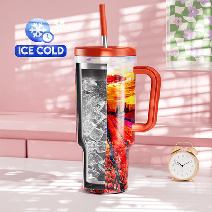 Meoky 40 oz Tumbler with Handle and Straw: Stainless Steel Insulated Tumbler with Lid and Straw - 100% Leak Proof Tumbler for Car Cup Holders - Travelers Commuters Workers, Pink