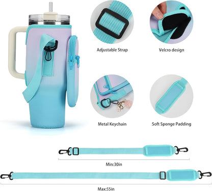 GOEWY Water Bottle Carrier Bag for Stanley 40/30 oz Tumbler with Phone Pocket Neoprene Water Bottle Holder with Shoulder & Handheld Strap Stanley Cup Accessories