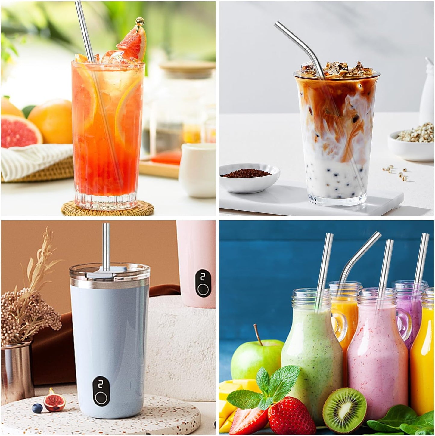 VEHHE Metal Straws Stainless Steel Straws Drinking Straws Reusable - 10.5" Ultra Long 4 + 1 - W/Cleaning Brush for 20/30 Oz for Yeti RTIC SIC Ozark Trail Tumblers (2 Straight|2 Bent|1 Brush)
