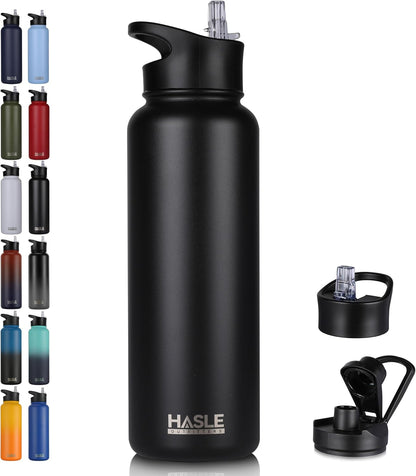 HASLE OUTFITTERS 32 oz Insulated Water Bottle Stainless Steel Double Walled Vacuum Sports Water Bottle with 2 Lids (Straw and Spout Lid) for Gym Camping Hiking(Black,1)