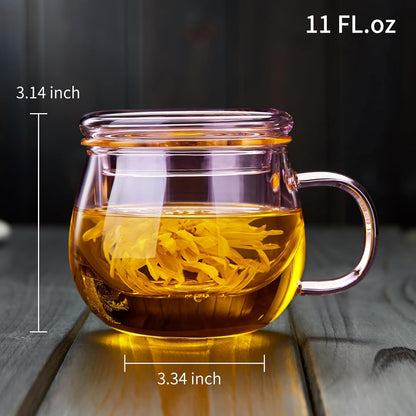 DOPUDO Glass Tea Cup with Infuser and Lid, 17.6oz/520ml Large Borosilicate Teacup,Tea Glass, Clear Mug for Loose Leaf Tea, Blooming Tea, Microwave & Dishwasher Safe - Tea Maker Gift for Birthday.