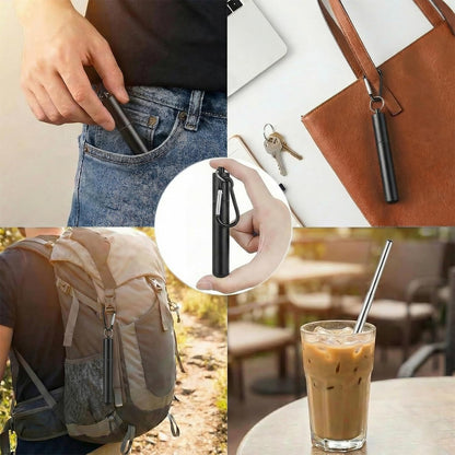 Collapsible Stainless Steel Drinking Straws with Aluminum Case, Cleaning Brush, and Keychains（Black+Silver）