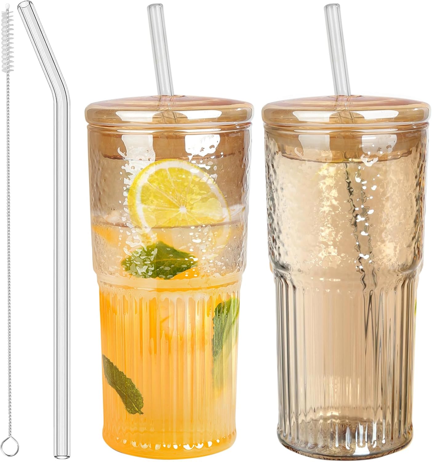 JunVpic Glass Cups with Lids and Straws,24oz Glass Tumbler with Handle Iced Coffee Cup for Coffee,Juice,Tea,Milk,Smoothie,Hot & Cold Drinks (Pink)