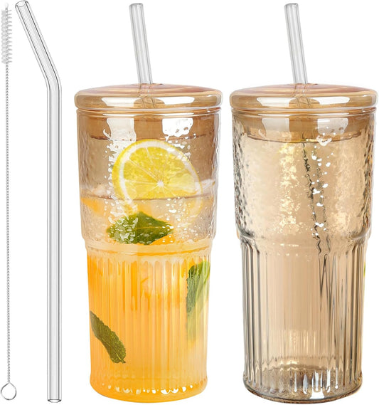 JunVpic Glass Cups with Lids and Straws,24oz Glass Tumbler with Handle Iced Coffee Cup for Coffee,Juice,Tea,Milk,Smoothie,Hot & Cold Drinks (Pink)