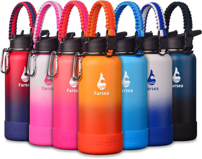 Farsea Insulated Water Bottle With Paracord Handle, Protective Silicone Boot and 2 Lids (Straw Lid & Spout Lid), Stainless Steel Water Bottle Wide Mouth, Double Wall Sweat-Proof BPA-Free, 24 oz