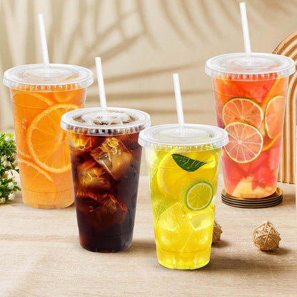Clawsoff 100 Pack 20 oz Disposable Clear Plastic Cups with Lids and Straws, Leak-Proof Sturdy Cold Drink Cups for Iced Coffee, Smoothies, Juice, Parties & Business