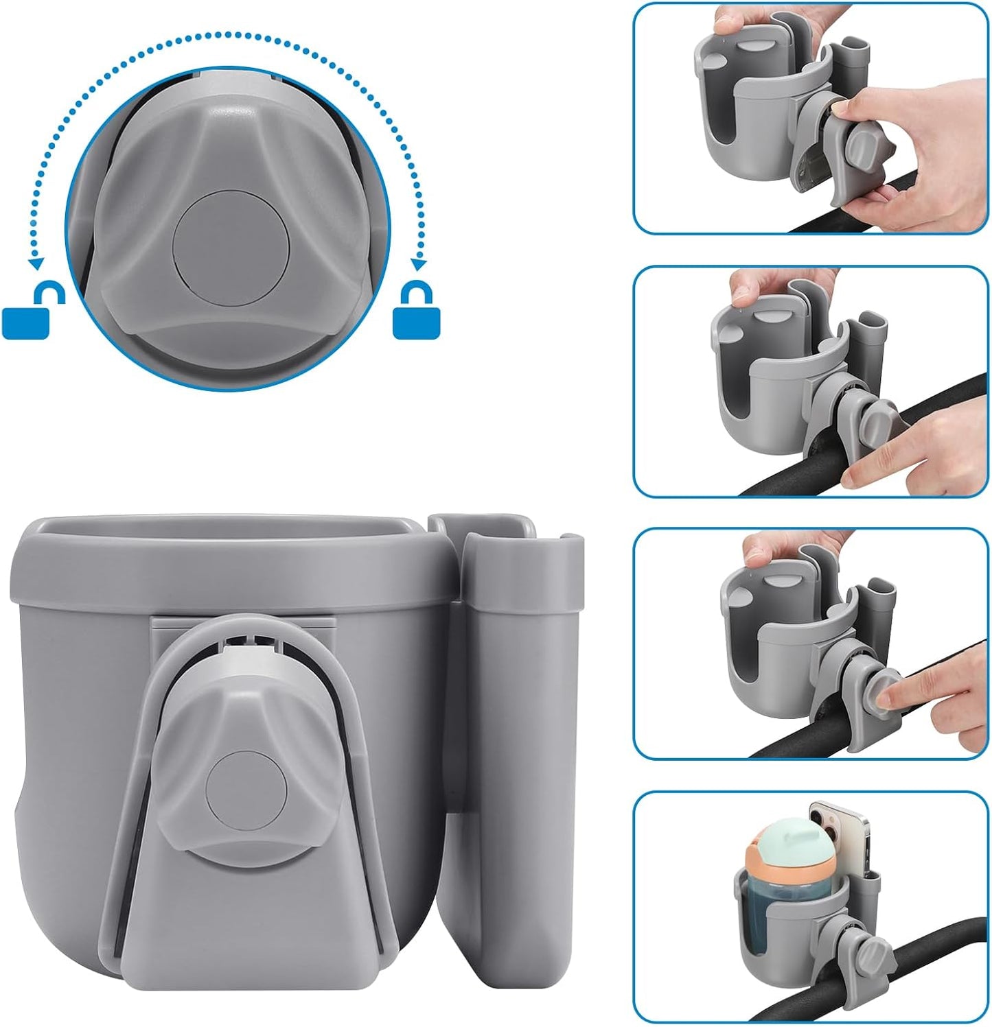 Accmor Stroller Cup Holder with Phone Holder, Bike Cup Holder, Universal Cup Holder for Uppababy Nuna Doona Strollers, 2-in-1 Cup Holder for Walker, Wheelchair, Scooter - Colors A