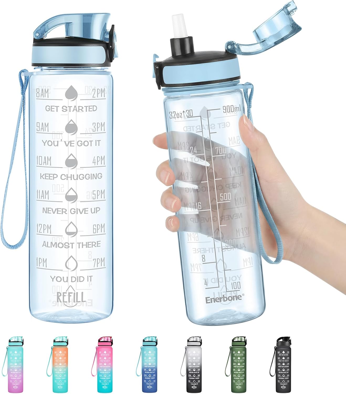 Enerbone Water Bottle, Leakproof BPA & Toxic Free, Motivational Water Bottle with Times to Drink and Straw, Fitness Sports Water Bottle with Strap for Office, Gym, Outdoor Sports