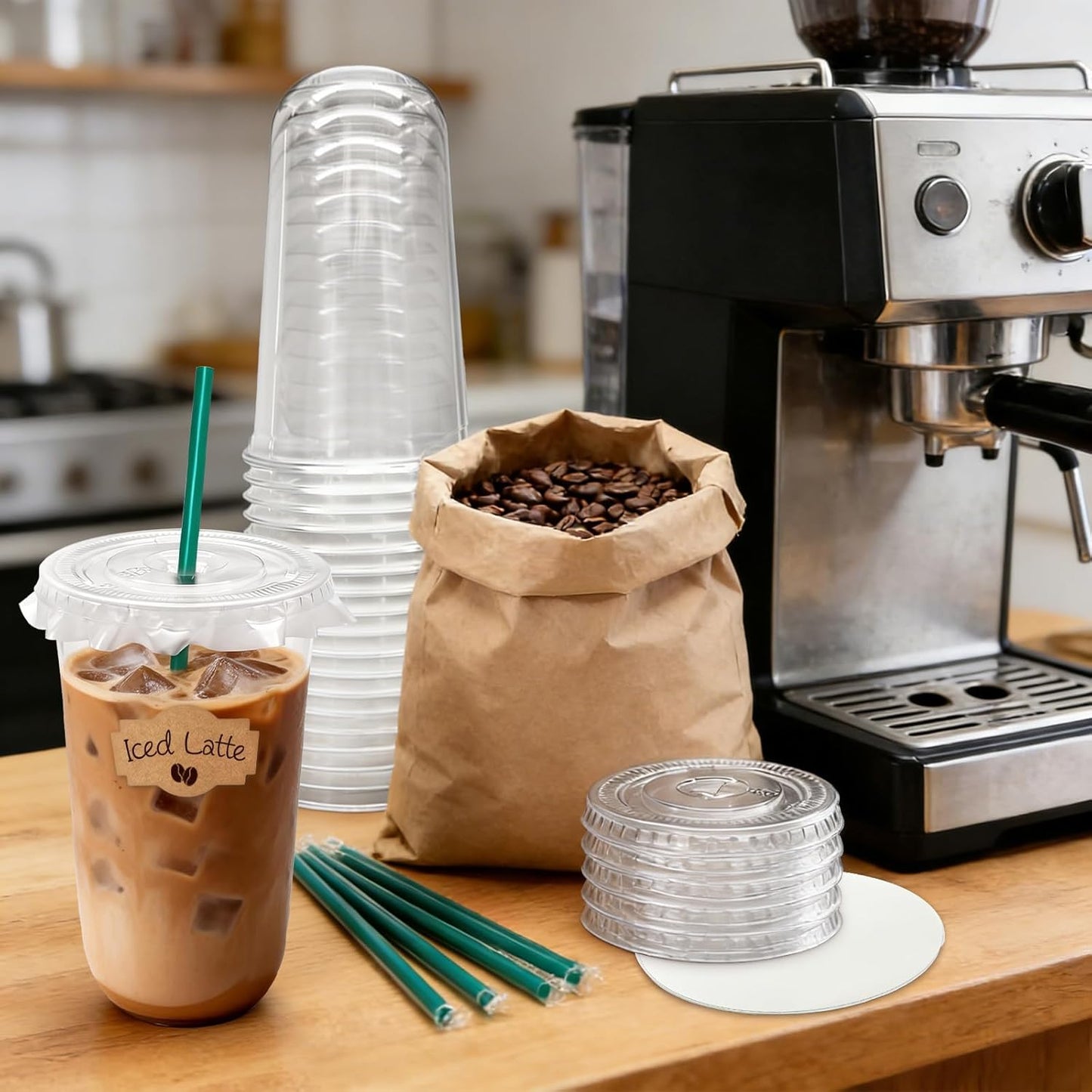 25 Sets 16 oz Clear Plastic Cups with Lids and Straws, Disposable Iced Coffee Cups for Cold Beverages, Smoothies, Bubble Tea, Includes Leak-Proof Paper and Stickers