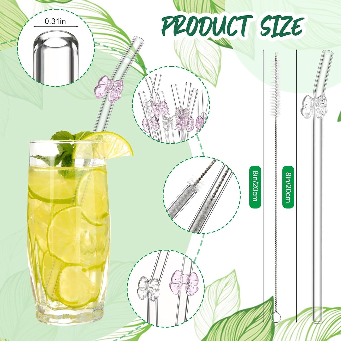Meanplan 10 Pcs Cute Reusable Glass Straws with Design,8 mm x 7.9'' Shatter Resistant Butterfly Bow Clear Bent Glass Straw with Cleaning Brush for Drink Party Milkshakes Juice (Mixed Color)