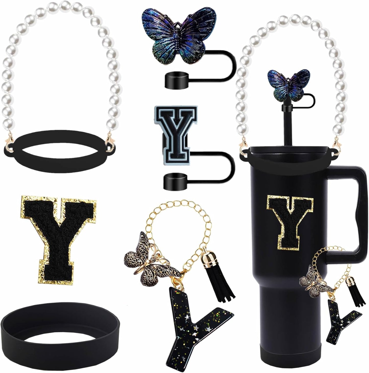 7pcs Cup Accessories for Stanley 30/40oz Tumbler, Handle Strap, Straw Cover, Silicone Boot, Letter Charm Stickers
