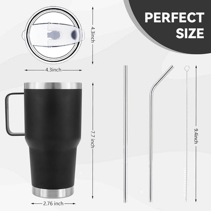 30 oz Tumbler With Handle, Double Wall Stainless Steel Vacuum Insulated Travel Mug with Splash-Proof Lid Metal Straw and Brush (Cream)
