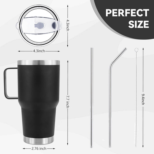 30 oz Tumbler With Handle, Double Wall Stainless Steel Vacuum Insulated Travel Mug with Splash-Proof Lid Metal Straw and Brush (Cream)