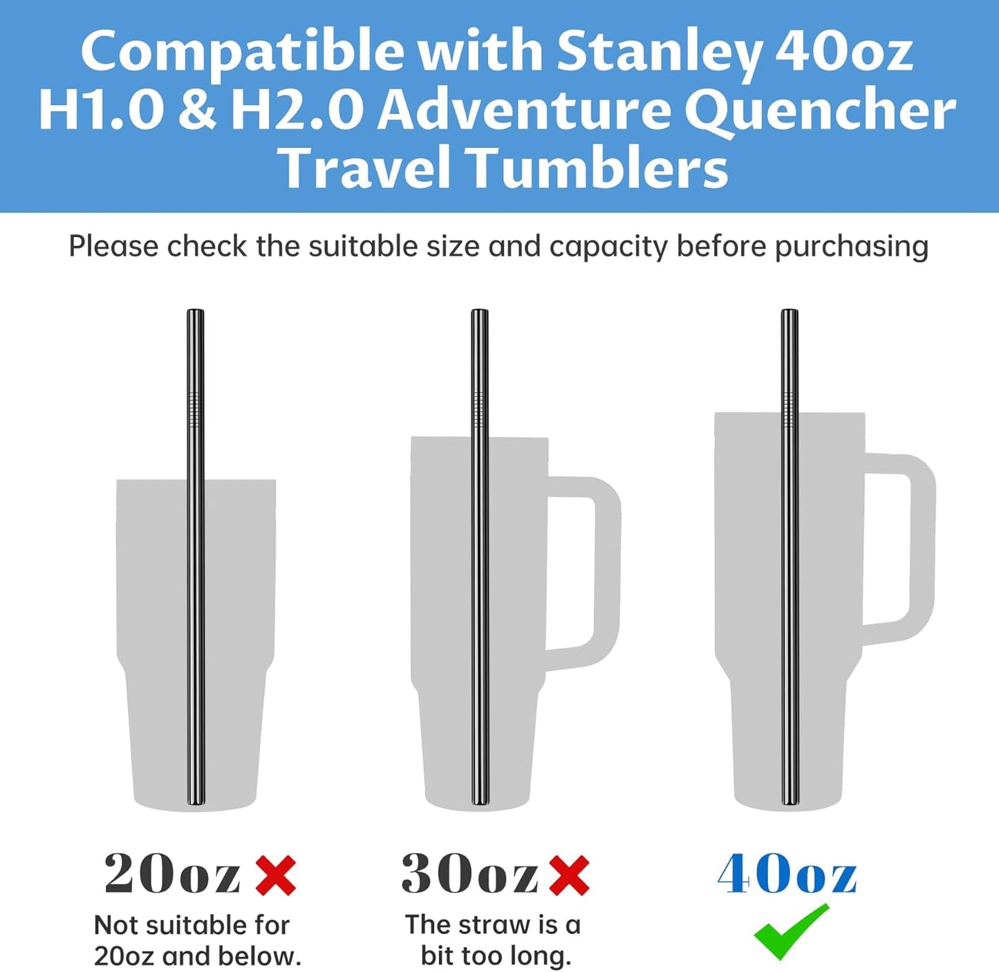 Tomorotec 8-Pack Stainless Steel Straws Fit for 40oz Stanley Tumblers, 12" Metal Straws Fit for Stanley Cup with 1 Brush, Reusable Drinking Straws for Smoothies, Milkshakes, Dishwasher Safe & BPA-Free