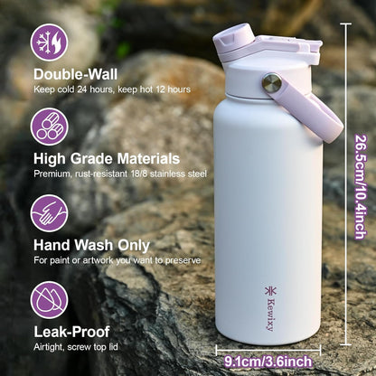 KEWIXY 32 oz Insulated Water Bottle, 2-in-1 Lid, Straw & Spout with Protected, Leak Proof, Keep Cold, Stainless Steel, Metal, Reusable, Handle, for Outdoor, Gym and School, 2 Lids, Blush Pink