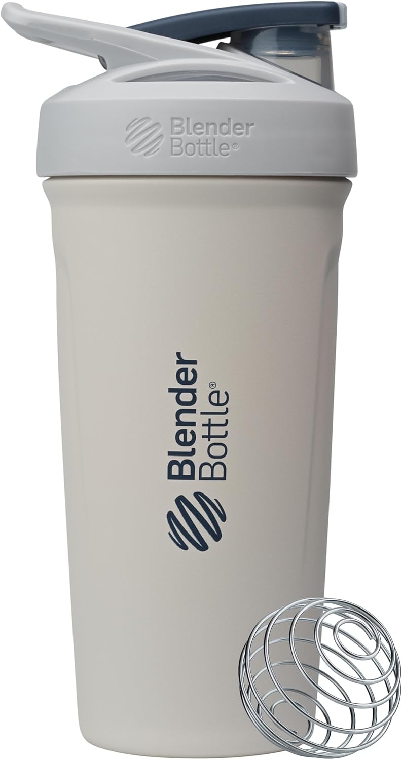 BlenderBottle Strada Shaker Cup Insulated Stainless Steel Water Bottle with Wire Whisk, 24-Ounce, White