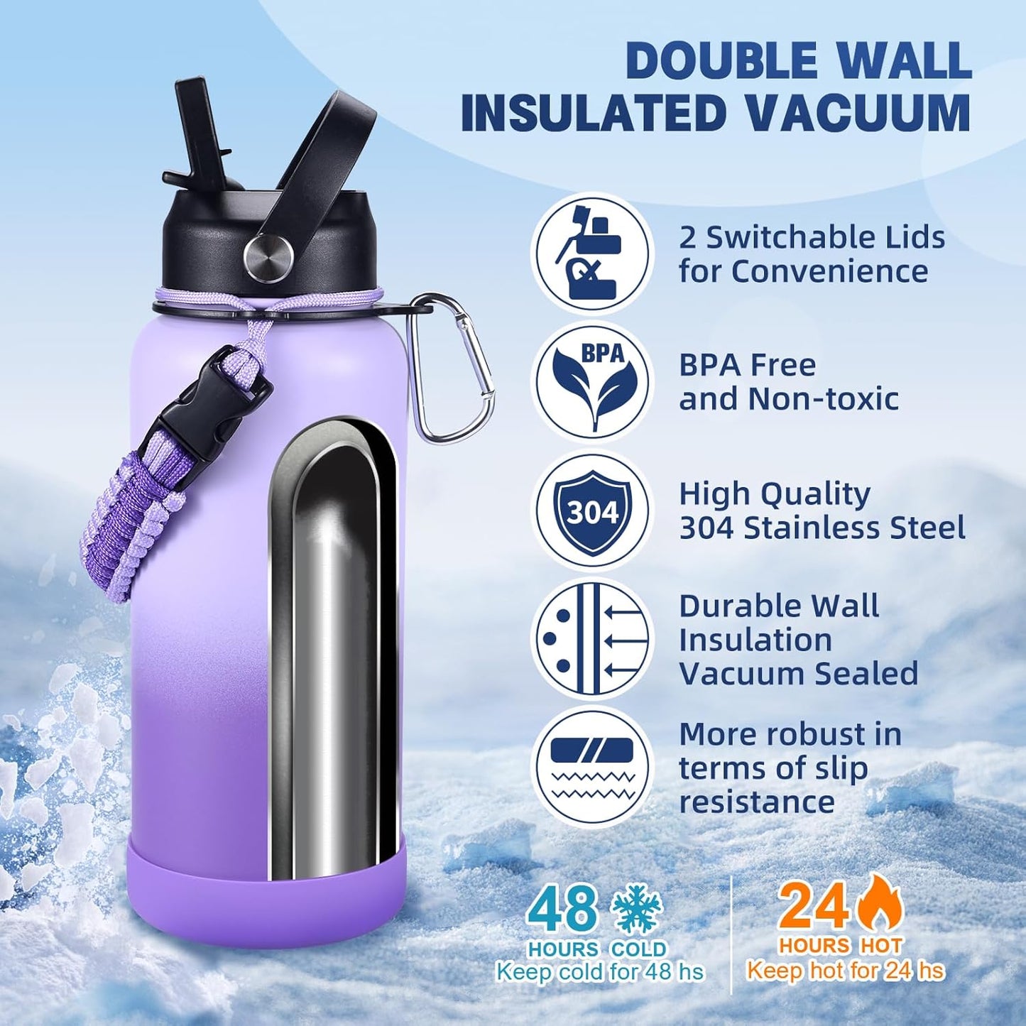 Insulated Water Bottle, 32 oz Stainless Steel Wide Mouth Water Bottles with 2 Leak Proof Lid and Paracord Handle, Double Wall Vacuum Insulated Sports Water Bottle, Purple Black