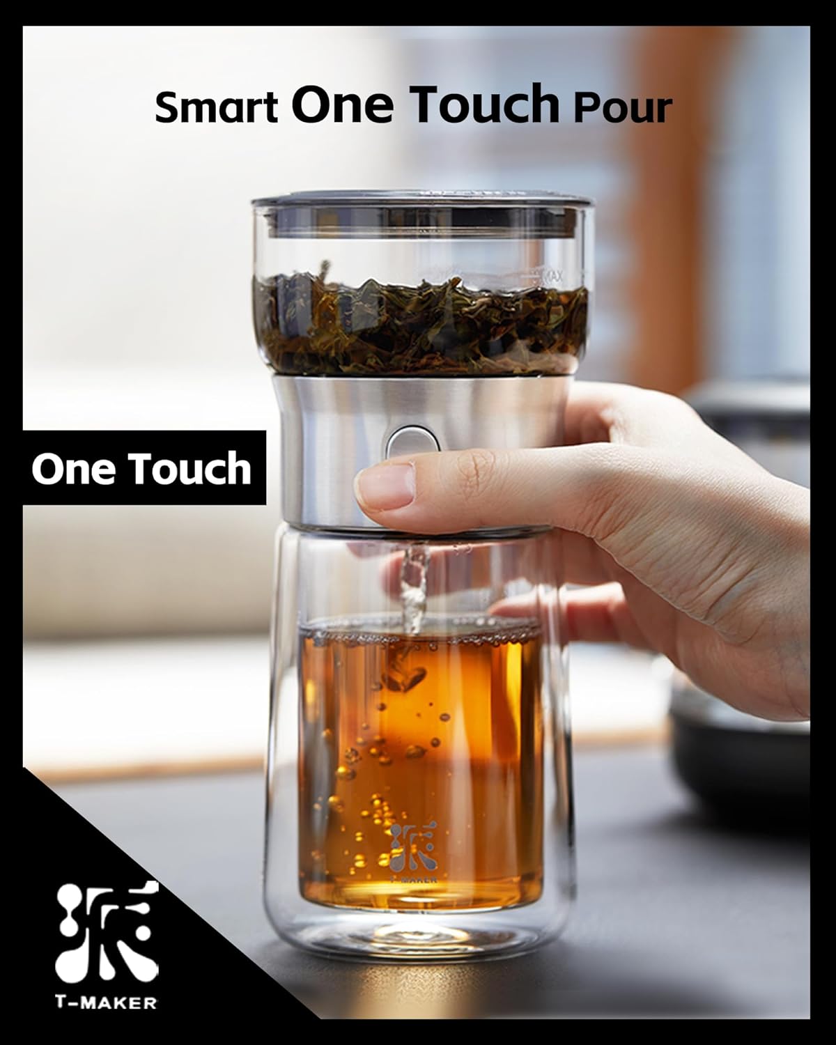 ZENS Modern Glass Infuser Teapot, One Touch Tea Maker for Loose Leaf Tea with Insulated Mug and Portable Case. Enchanted Pot Alternatives for Tea Lover Gifts
