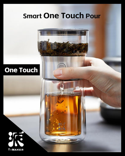 ZENS Modern Glass Infuser Teapot, One Touch Tea Maker for Loose Leaf Tea with Insulated Mug and Portable Case. Enchanted Pot Alternatives for Tea Lover Gifts