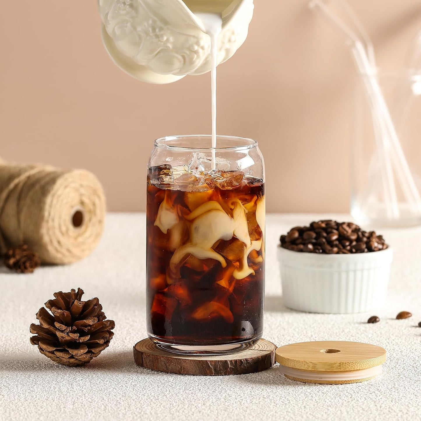 [ 12pcs Set ] Glass Cups with Bamboo Lids and Glass Straw - Beer Shaped Drinking Glasses, 16 oz Iced Coffee Glasses, Cute Tumbler Cup for Smoothie, Boba Tea, Whiskey, Water - 4 Cleaning Brushes