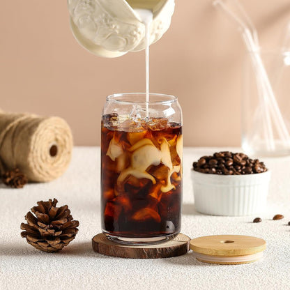 [ 12pcs Set ] Glass Cups with Bamboo Lids and Glass Straw - Beer Shaped Drinking Glasses, 16 oz Iced Coffee Glasses, Cute Tumbler Cup for Smoothie, Boba Tea, Whiskey, Water - 4 Cleaning Brushes