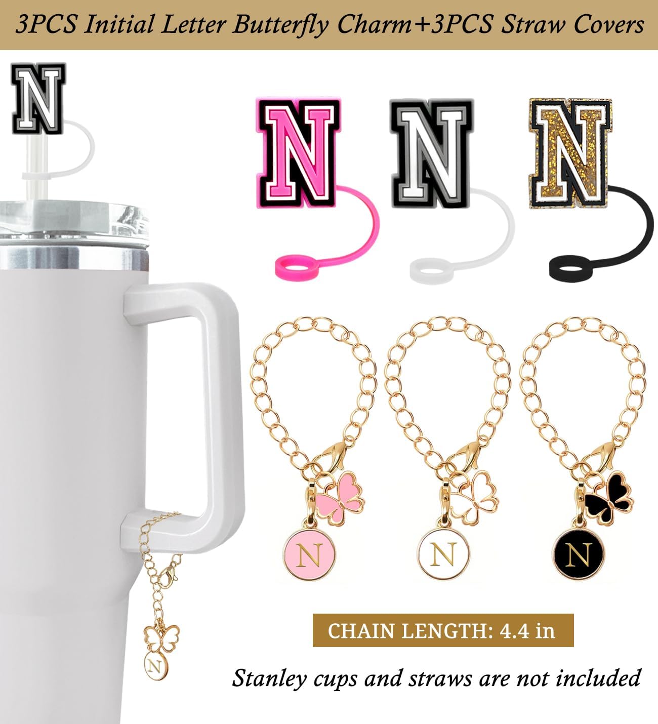 （3 +3) 3PCS Nuozme Straw Cover 10mm For Stanley Tumbler Cup Reusable Straw Cap Topper with 3 Initial Letter Charms Accessories Name ID Personalized Handle Charm For Stanley 30&40 Oz Cup Tumbler - Colors B