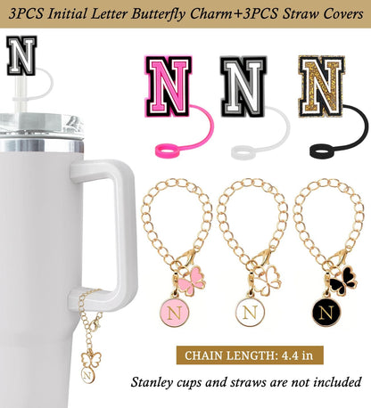 （3 +3) 3PCS Nuozme Straw Cover 10mm For Stanley Tumbler Cup Reusable Straw Cap Topper with 3 Initial Letter Charms Accessories Name ID Personalized Handle Charm For Stanley 30&40 Oz Cup Tumbler - Colors B