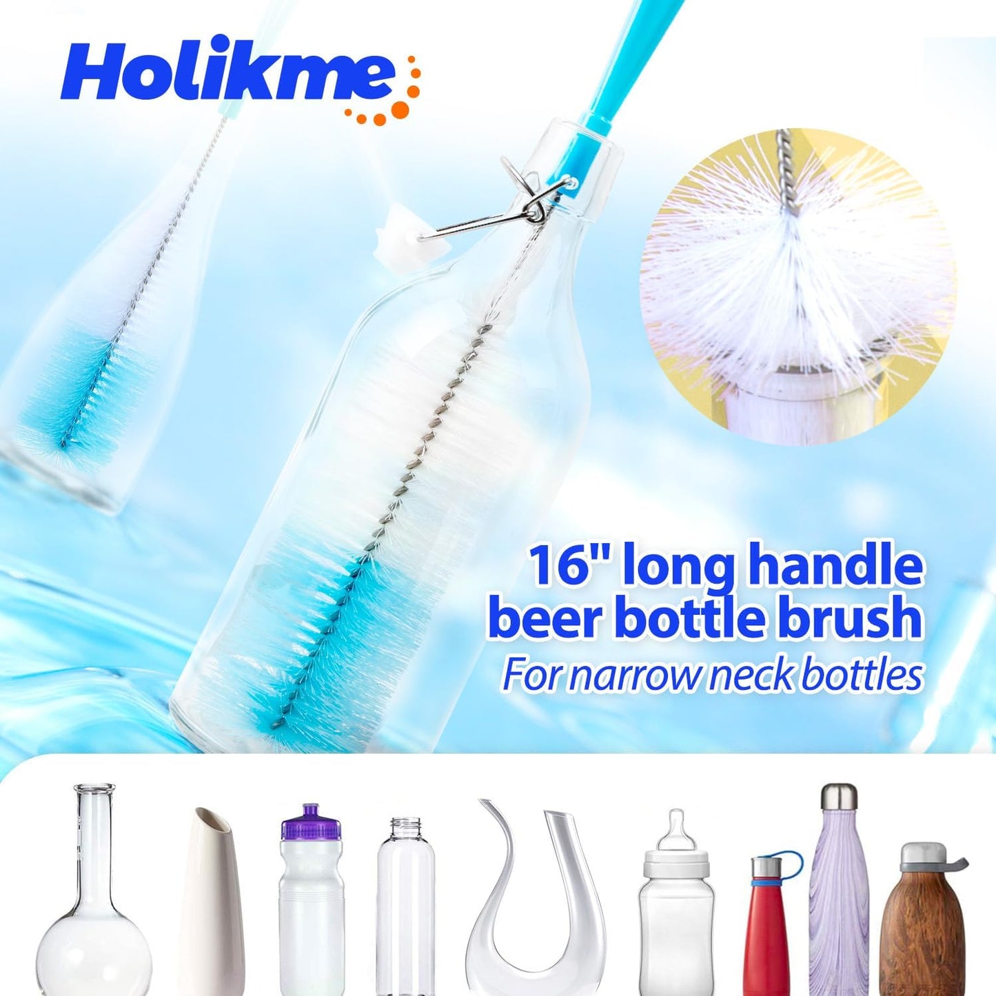 Holikme Bottle Brush Tube Cleaning Lab Set with Long Handle, Cup Cleaner for Washing Narrow Neck Beer Wine Decanter Pipes Lids Sinks Cap Covers, White