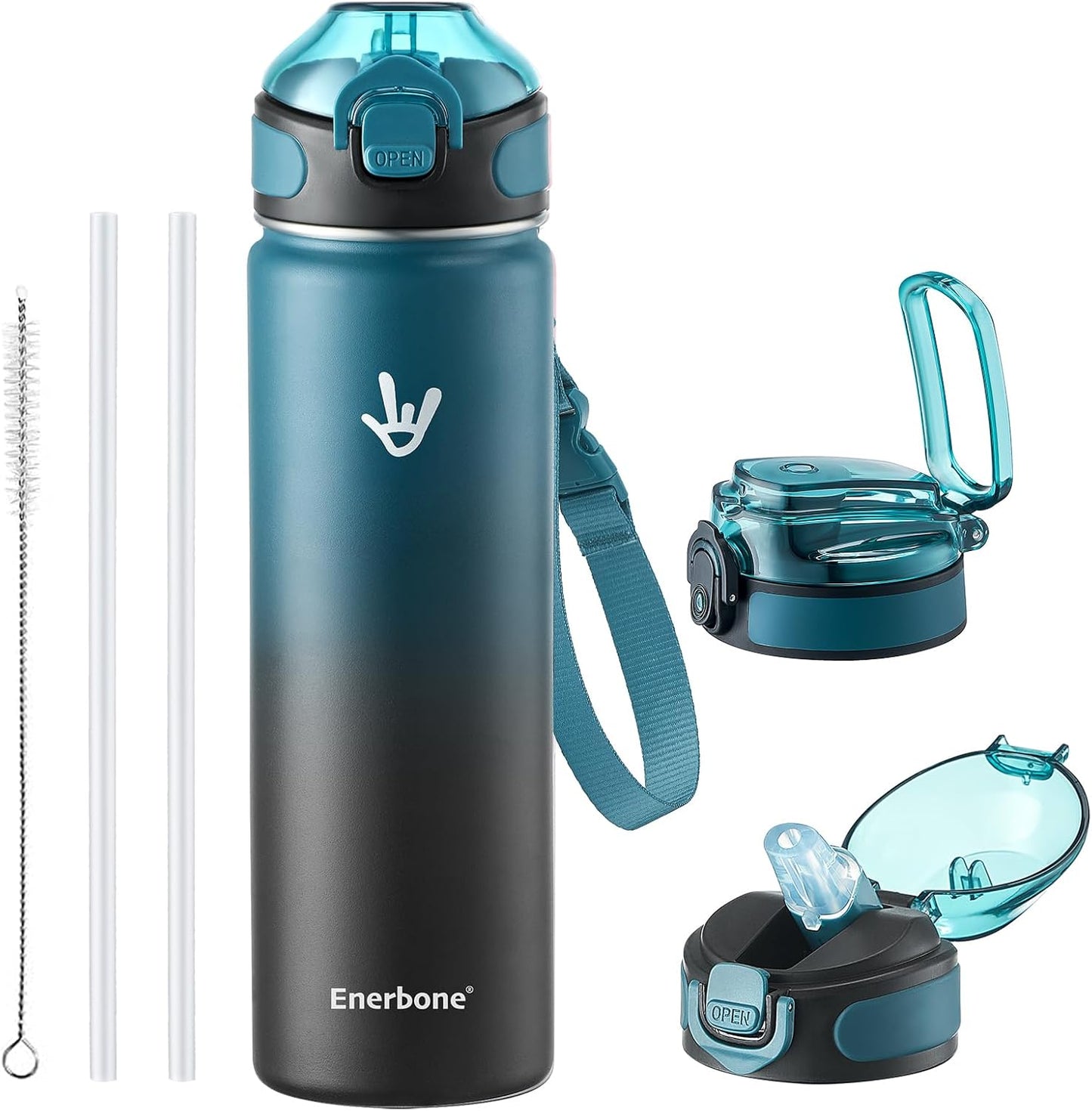 Enerbone 24 oz Insulated Water Bottle, Stainless Steel Bottle with Carrying Strap, Double-Wall Vacuum Insulation Design, Leakproof Sports Bottle with Straw, Keep Drinks Cold or Hot for Hours