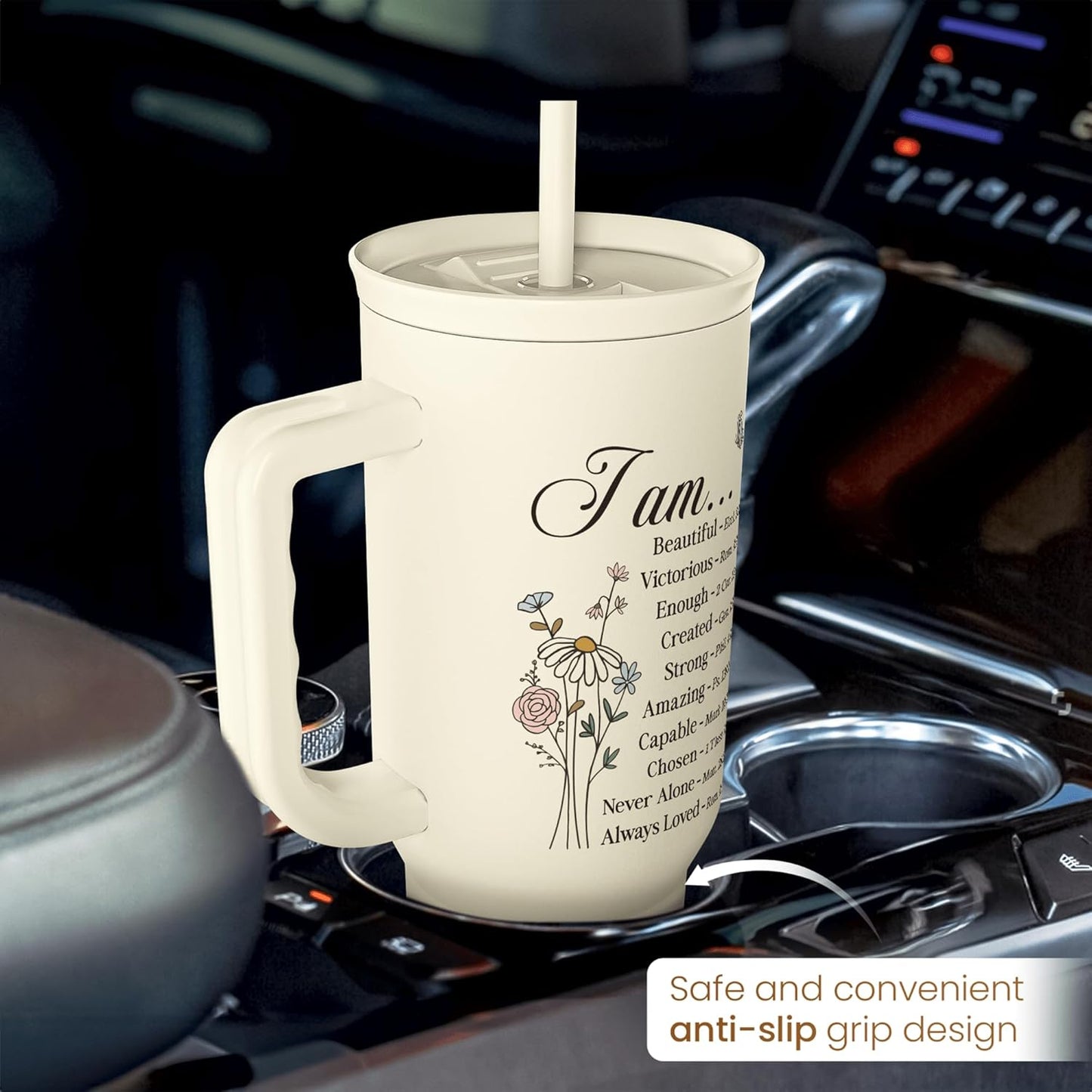 Floral Tumbler with Handle 40oz, Stainless Steel Insulated Tumblers Coffee Travel Mug Cup with Straw, Flower Coffee Cup Gifts for Women Girls, Gift for Her on Christmas Birthday Mothers Day